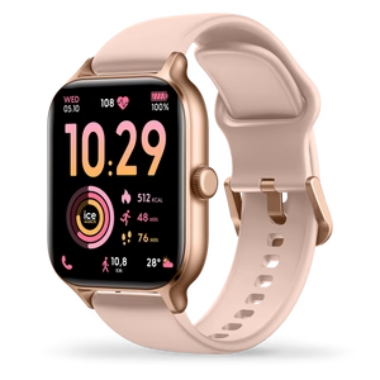 Ice uurwerk junior met goudkleurige kast en roze rubberband. Het uurwerk heeft een geïntegreerde GPS en Strava compatibiliteit.Hij is waterbestendig zelfs in het zwembad.