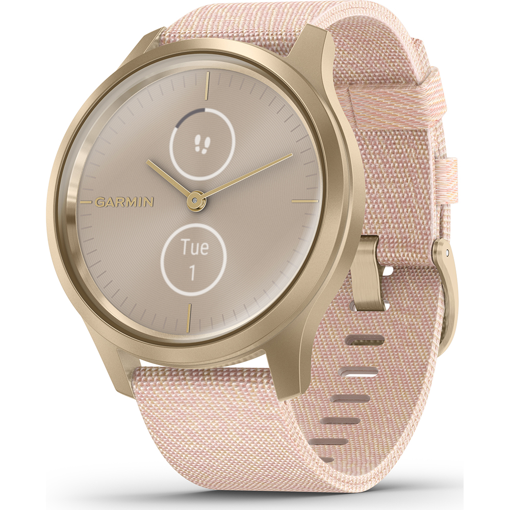 vívomove Style
Light gold behuizing van aluminium met blush pink geweven nylon polsband

2 jaar garantie