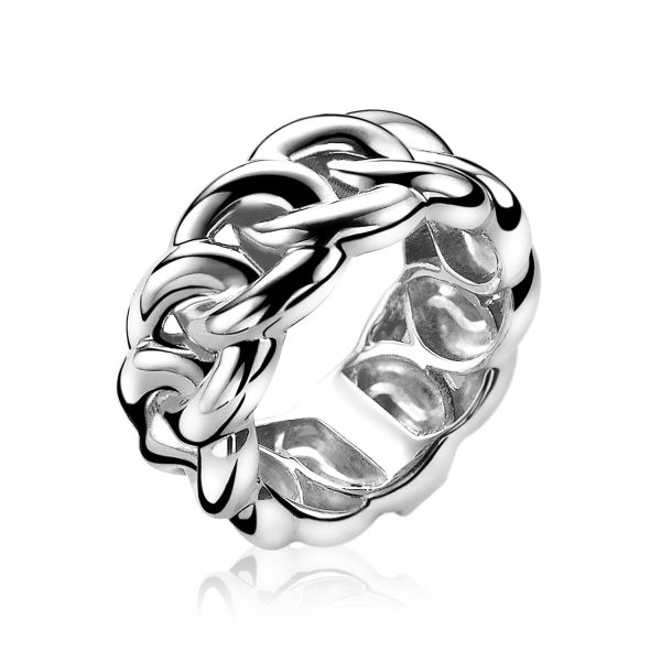 ZINZI CHAIN zilveren ring met rondom geheel zilveren brede gourmet schakel. Breedte van schakel is 10mm. Aan één zijde van de ring is sierlijk Zinzi verwerkt in plaatje, ook opvallend naar voren te dragen.