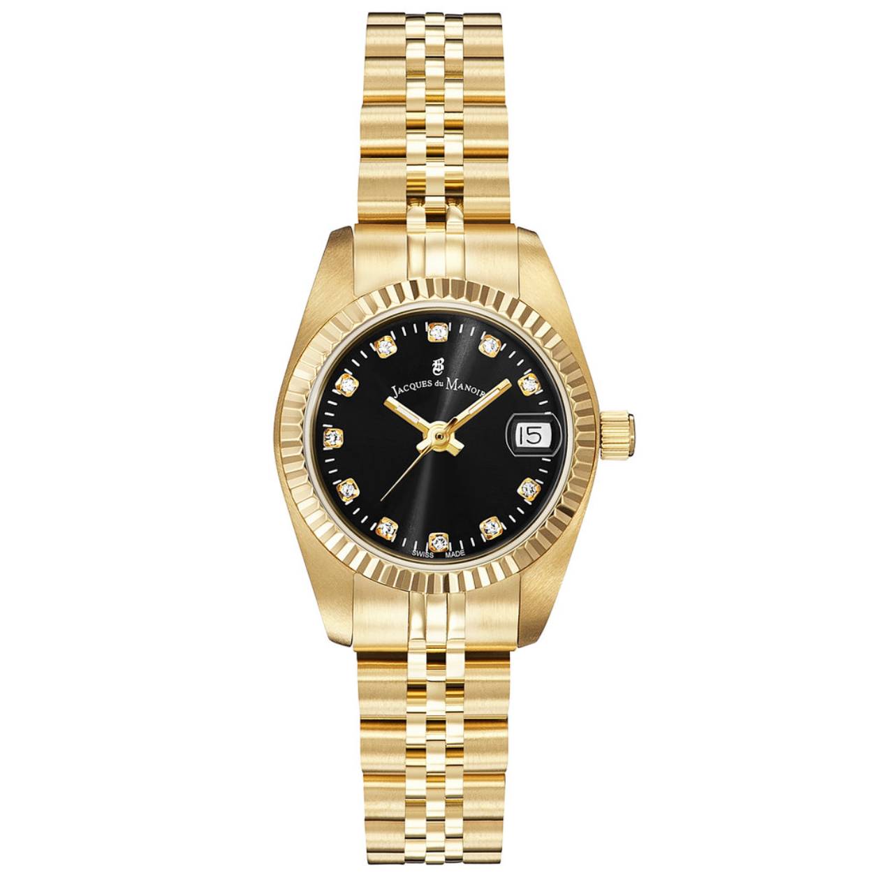 Dames Horloge met zwarte wijzerplaat ingelegd met zirkonia's en goudkleurige roestvrij stalen schakel band.