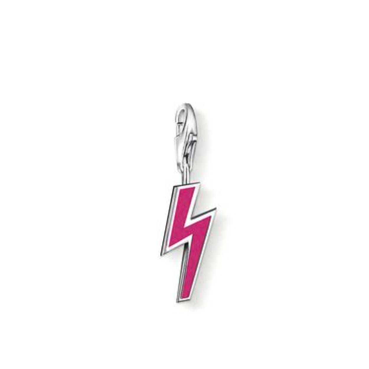Bliksemschicht bedel met karabijnsluiting in 925 Sterling zilver. Met pink glazuur. Pop-icoon voor de zomer: The neon lightning. Wilt u deze bedel aan een zilveren, leren of satijnen collier dragen? Dan heeft u ook een verbindingsring nodig, zodat de bedel netjes hangt.