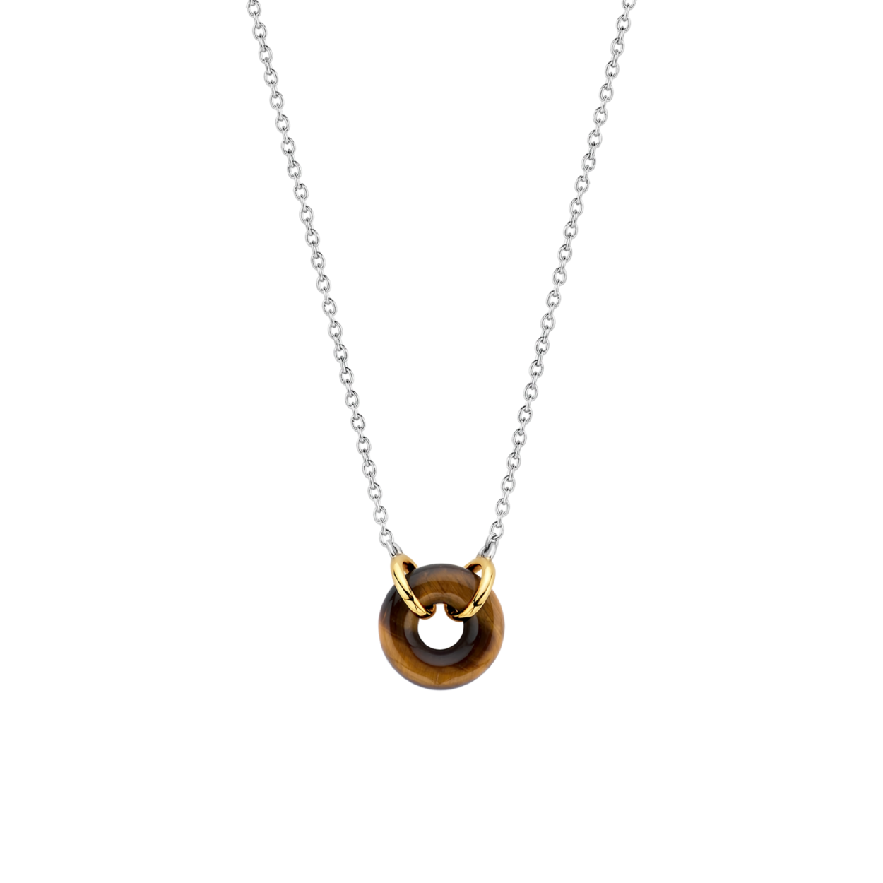 Het pronkstuk van deze TI SENTO - Milano zilveren ketting 3971TE/42 is de bruine tiger-eye steen in het midden, omhuld door een verfijnde gold-plated zetting. De ronde vorm maakt het een artistiek geheel en de rijke aardse tinten geven de ketting een krachtige look. De ketting is vervaardigd uit 925 sterling zilver. De extra veilige sluiting is speciaal ontworpen zodat het altijd bij je blijft. De lengte van de ketting is 42 cm.