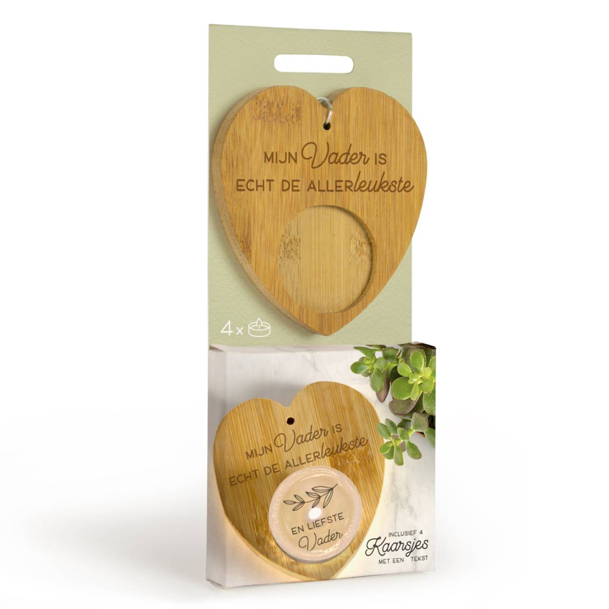 Deze Verrassingskaarsjes zijn een origineel cadeautje waar diegene die dit krijgen voor zullen smelten. Een setje verrassingskaarsjes inclusief een bamboe houder. Samen verpakt in een prachtig luxe cadeauverpakking.

De grote verrassing van deze kaarsjes zit in het kaarsje zelf. Zodra de wax begint te smelten, wordt het persoonlijke compliment, de liefdevolle boodschap, onthult. Samen met het compliment op de bamboe houder zijn de Verrassingskaarsjes een compleet, origineel en bovenal persoonlijk cadeau.