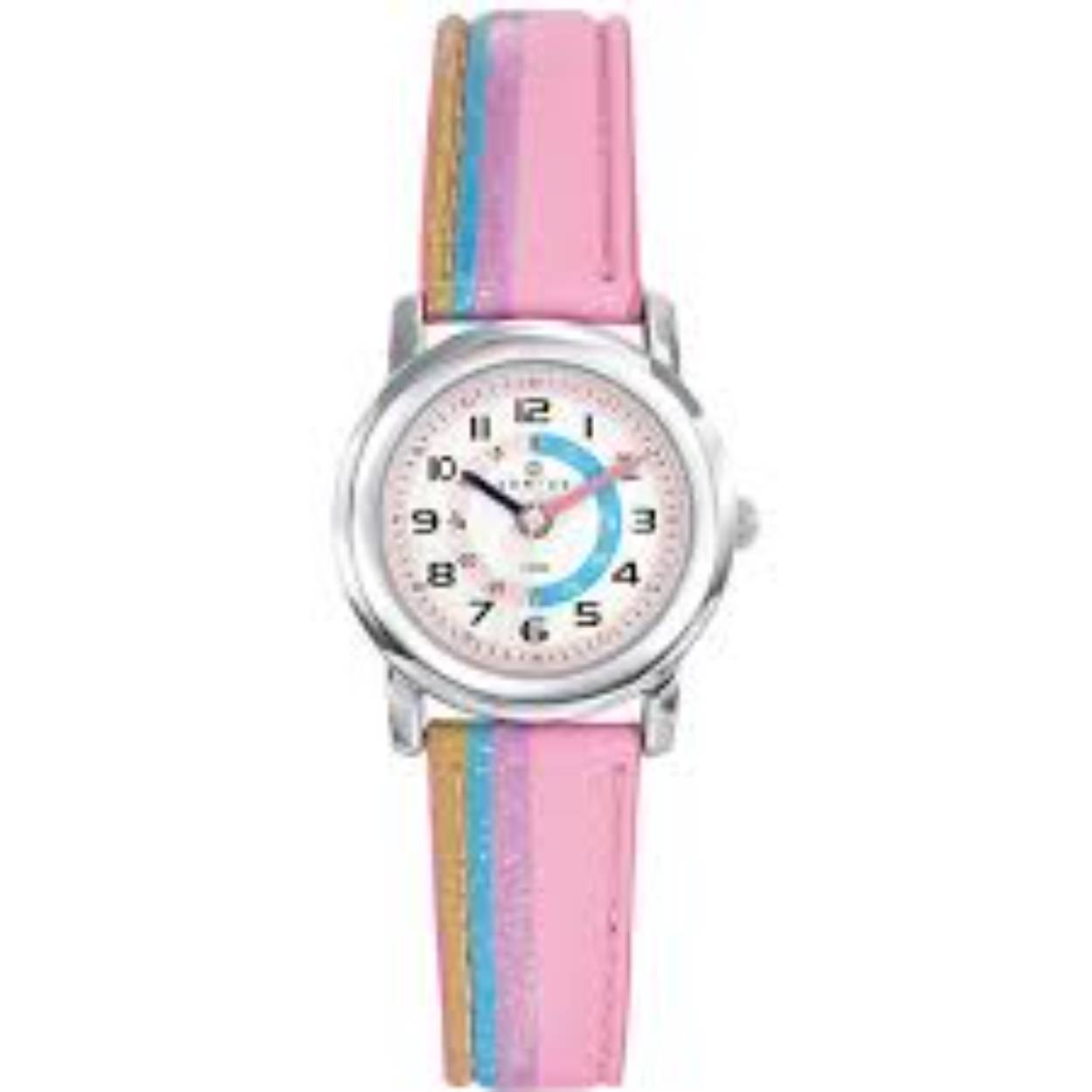 roze kinder horloge met regenboogstrepen en glitters.