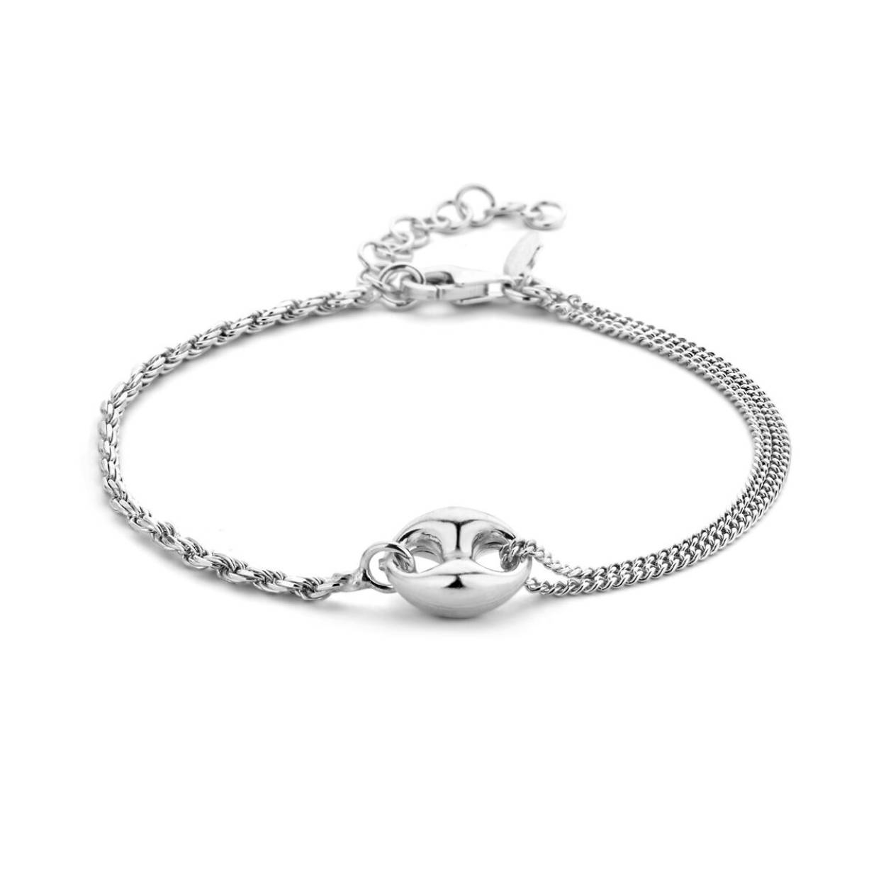 Gerhodineerd 925 zilveren armband met een schakelachtig element van 8.5x11mm. De armband heeft draaglengte 16cm en een extensie van 3cm. Uitgevoerd met een karabijn sluiting.