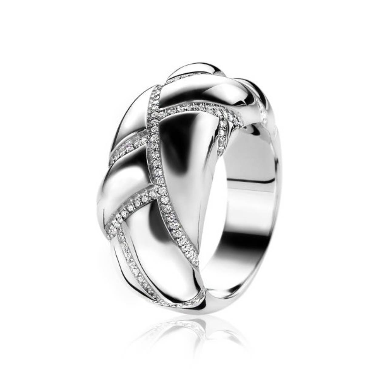 ZINZI zilveren ring exclusief ontworpen door Mart Visser. Prachtige gladde bolvormige ring met strakke lijnen. De lijnen zijn sierlijk bezet met witte zirconia's. Deze ring draagt herkenbaar de signatuur van Mart Visser. Vervaardigd van eerste gehalte zilver (925) en met extra rodiumlaag voor een langdurige glans.
