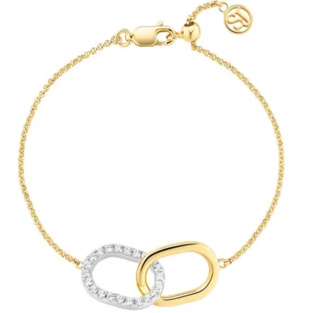 Armband gemaakt van 18 karaats verguld 925 sterling zilver, gepolijst oppervlak en hoorn met facetgeslepen witte zirkonia.

Afmetingen armband: Breedte 12,5 mm, dikte 2 mm, kettinglengte tot 18 cm - verstelbaar