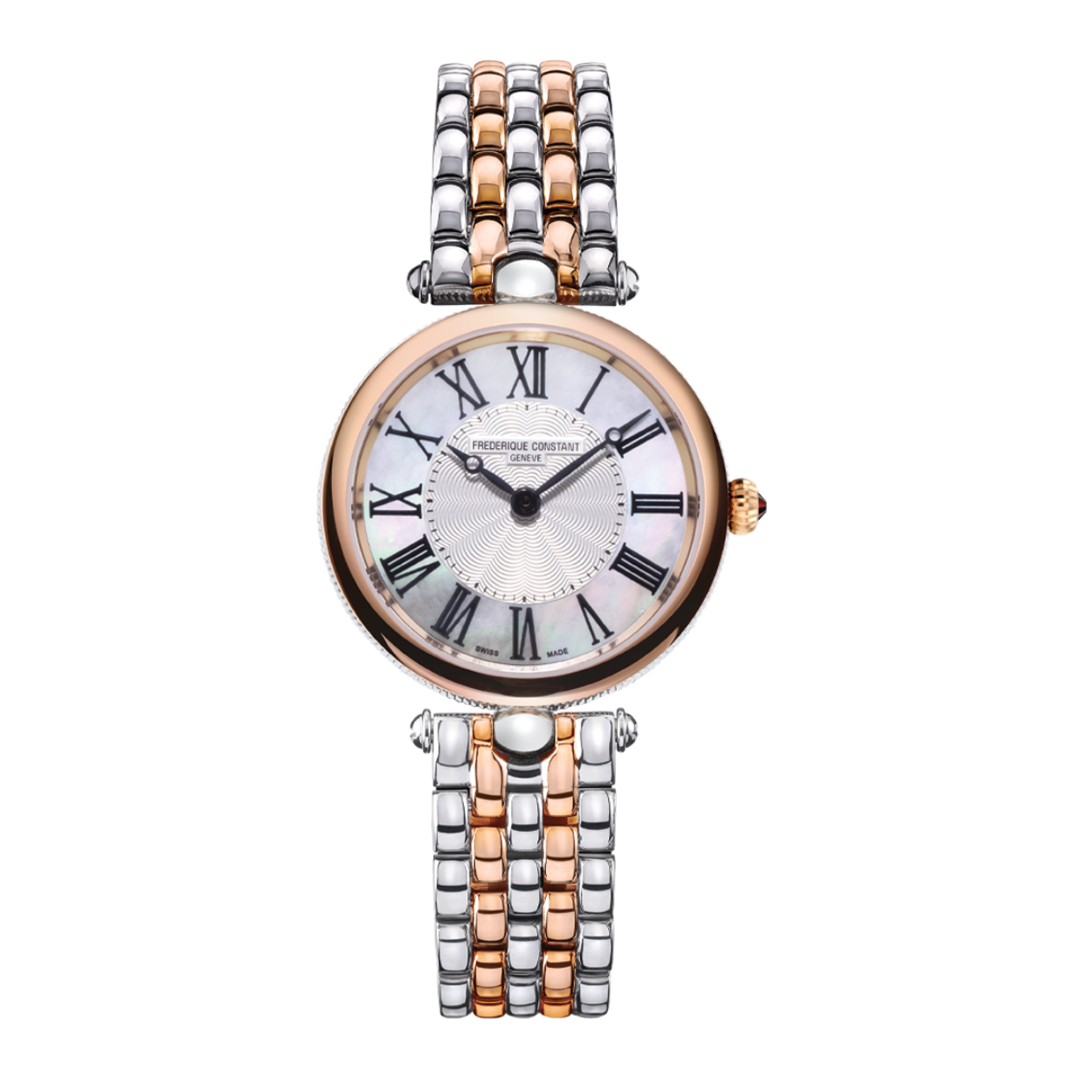 Dit prachtige horloge komt uit de Art Deco lijn van Frederique Constant. Met de prachtige roségoudkleurige details op de band en kast, en de white mother-of-pearl kleurige wijzerplaat is dit horloge prachtig om te dragen.