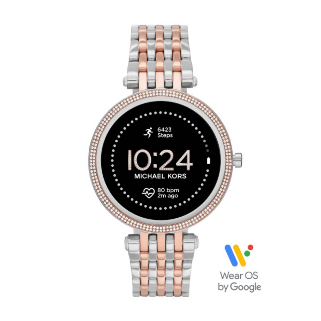 De Michael Kors Gen 5E Darci-smartwatch van 43 mm combineert de nieuwste Wear OS by Google-technologie met een glamoureus ontwerp, met een pav�, ros�goudkleurige bovenring en bijpassende tweekleurige armband met zeven schakels. Smartwatches met Wear OS by Google zijn compatibel met iPhone� en Android�-telefoons. Wear OS by Google en andere merken zijn handelsmerken van Google LLC. Ondersteunde functies kunnen per platform en land verschillen.