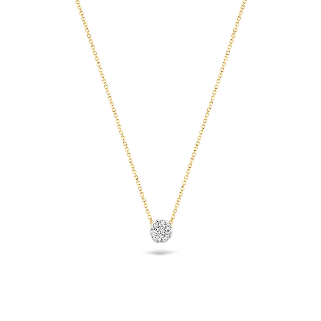 Deze bicolor ketting in geelgoud met witgouden hanger heeft iets extra’s. En niet alleen vanwege eigenzinnige combinatie van opengewerkte schakels die dit gouden collier een modern tintje geven. De witgouden hanger van Ø 4,1 mm is bezet met glanzende Zirkonia’s die dit sieraad een touch of glamour geven. Voor een extra stralend effect is het collier stijlvol te combineren met een of meerdere Zirkonia ringen, oorbellen of armbanden.