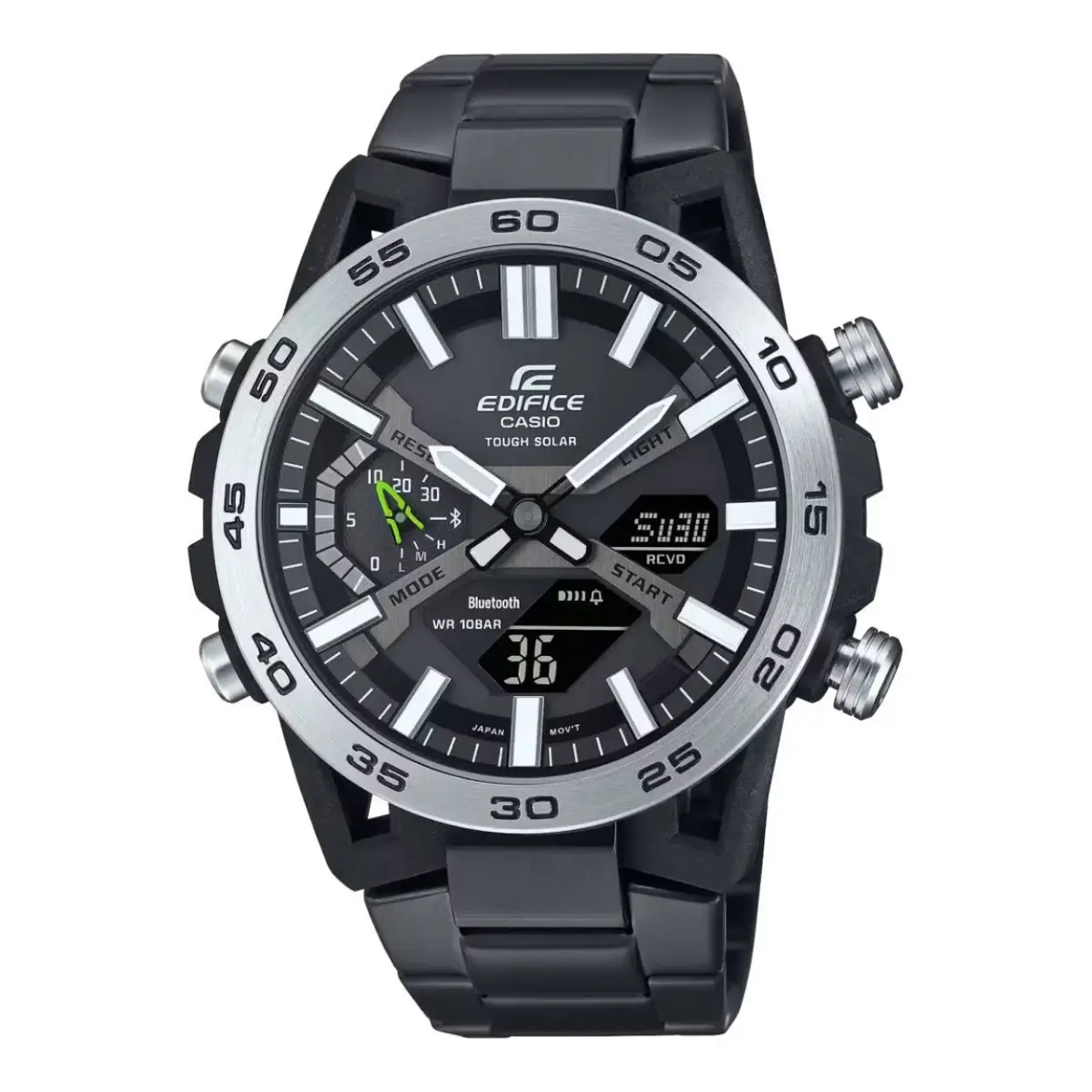 Dit Casio horloge behoort tot de Edifice Sospensione collectie.

De SOSPENSIONE ECB-2000 is geïnspireerd op de wielophanging van raceauto's en is de eerste EDIFICE met een behuizing van met koolstofvezel versterkt hars, dankzij een uniek ontwerp dat de lugs in een configuratie met vier armen plaatst. Ook de lugs zijn versterkt met koolstofvezel, waardoor zowel het ontwerp als de materialen van dit horloge een ware motorsportgeest hebben. 

Synchroniseren met je smartphone via Bluetooth® is een fluitje van een cent. Gebruik de speciale app voor toegang tot de nauwkeurige tijdregistratie die zo belangrijk is voor raceteams, en om de wereldtijd moeiteloos te beheren en stopwatchgegevens die tot op de milliseconde worden gemeten over te brengen naar je smartphone. De LED Super Illuminator zorgt ervoor dat het bekijken van de analoog-digitale wijzerplaat geen enkel probleem is, en het Tough Solar-systeem zorgt ervoor dat het horloge goed opgeladen is. Je kunt daardoor zelfs functies met een hoge belasting uitvoeren bij slechts een kleine hoeveelheid licht.