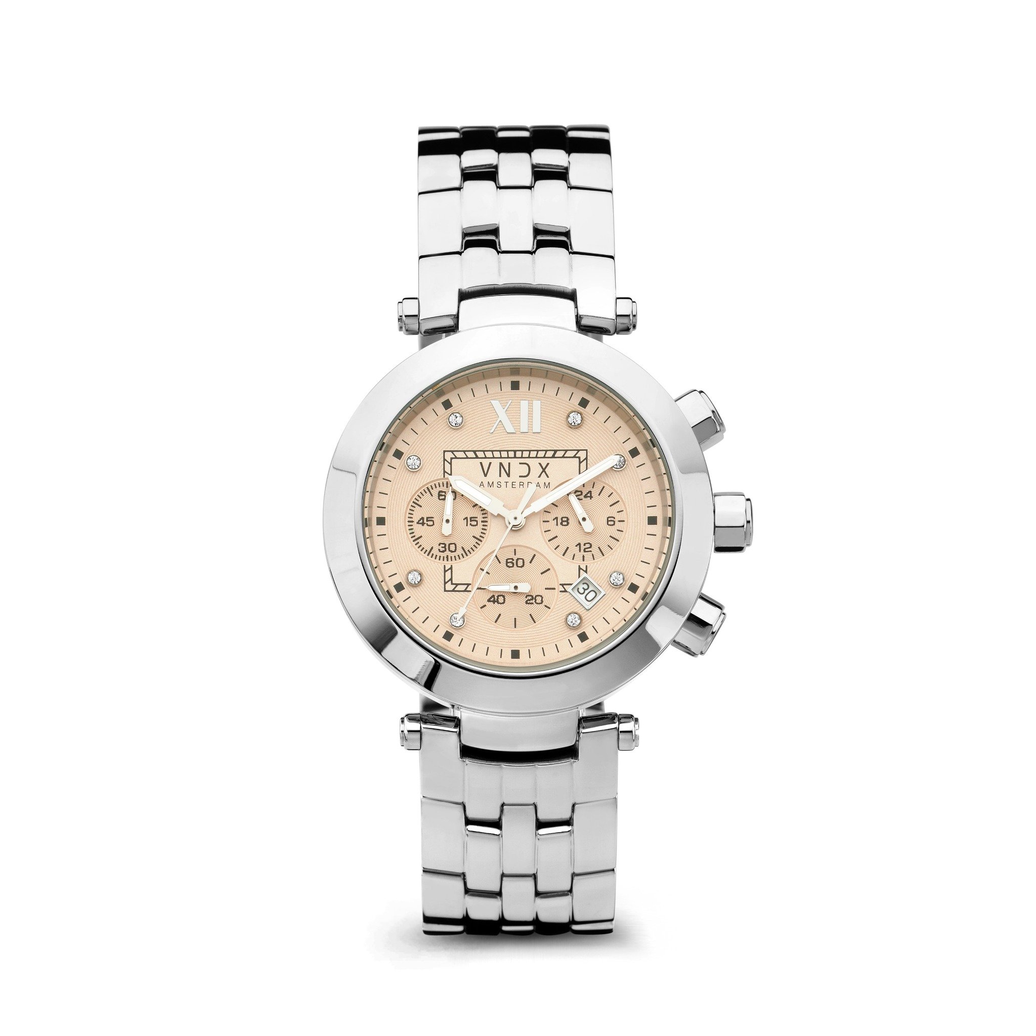 Een stijlvol, klassiek horloge voor echte helden; hard indien nodig, zacht indien mogelijk. Een horloge van massief staal, versierd met fijne Swarovski edelstenen. Never too late om een held te zijn.