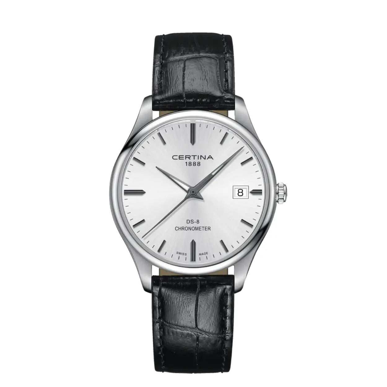 Certina heren horloge DS 8

Kastdiameter 41mm, datumfunctie.

Het uurwerk heeft een chronometer certificaat

Glassoort	Saffier/Crystal

Kastsoort	Rond

Materiaal	Staal/Leer

Materiaal band leren band

Tijdsaanduiding	Analoog

Uurwerksoort	Quartz

Waterdichtheid	WR 10bar

Wijzerplaat	Rond - Streep/Stip - Zilver