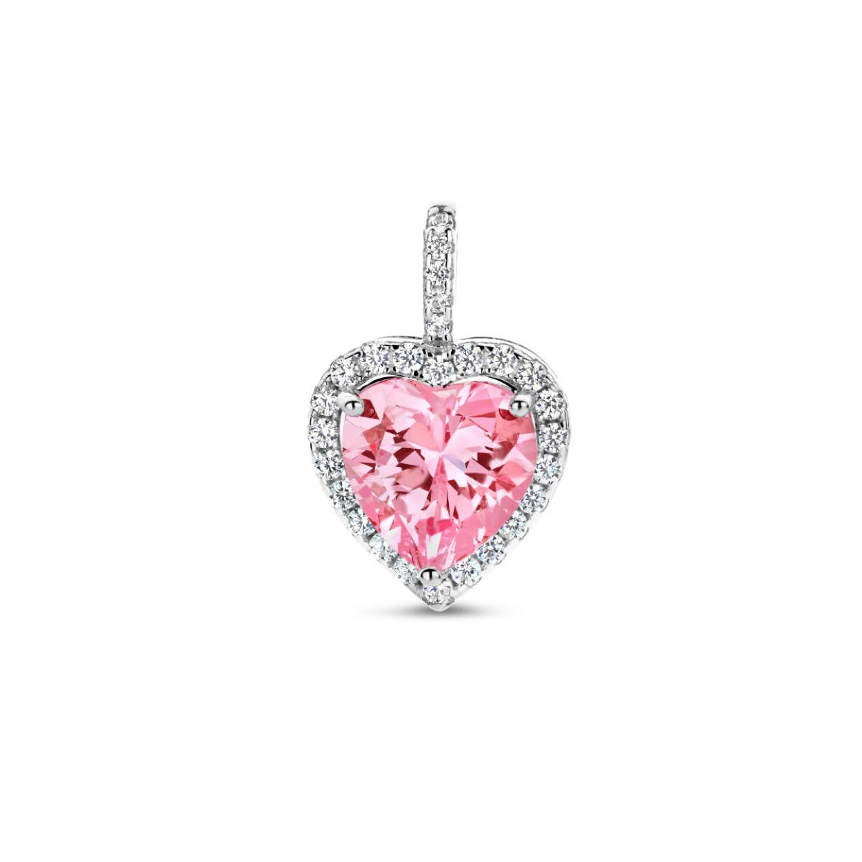 Gerhodineerd 925 zilveren hanger uitgevoerd in de vorm van een hart met wit en roze zirkonia. De hanger heeft een totale hoogte van 17mm.