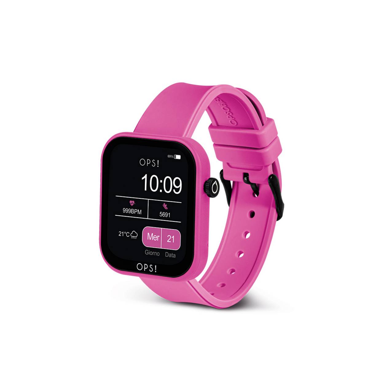 Smartwatch with ABS case and hypoallergenic silicone strap. Case dimensions 40x44x10.7 mm with 1.83″ color full touch display. Inner circumference of the strap: 180mm to 140mm. Steel pin clasp.