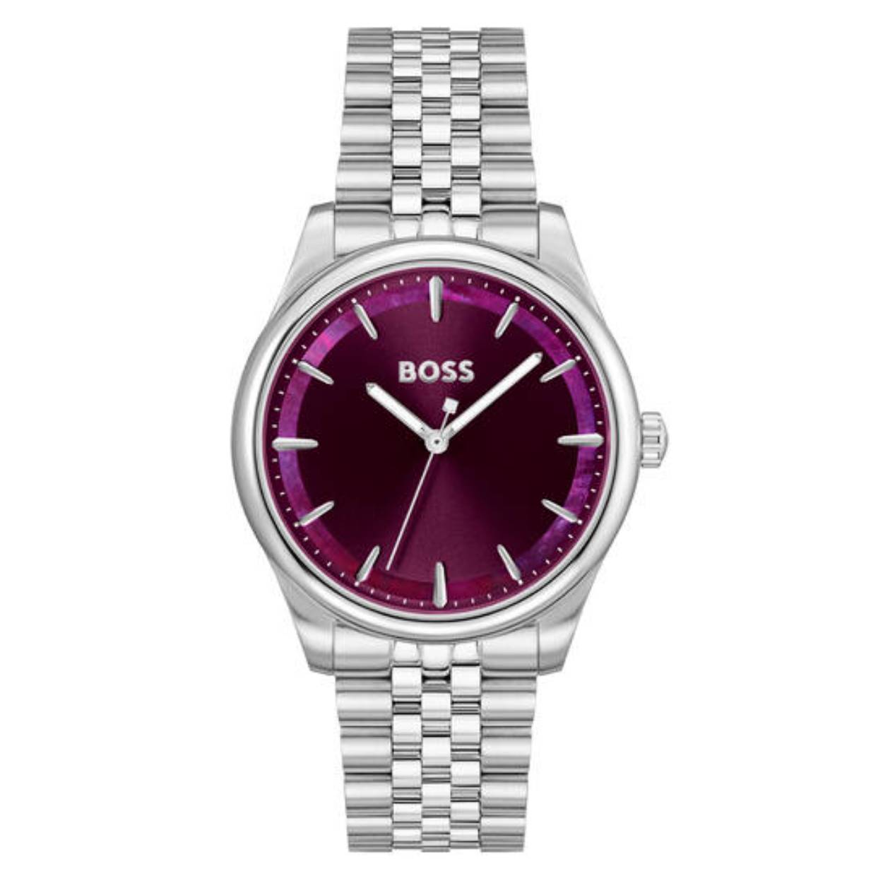 Stalen horloge van BOSS by Hugo Boss met een complexe schakelband en glanzend paarse wijzerplaat met daar in een subtiele parelmoer rand verwerkt. 