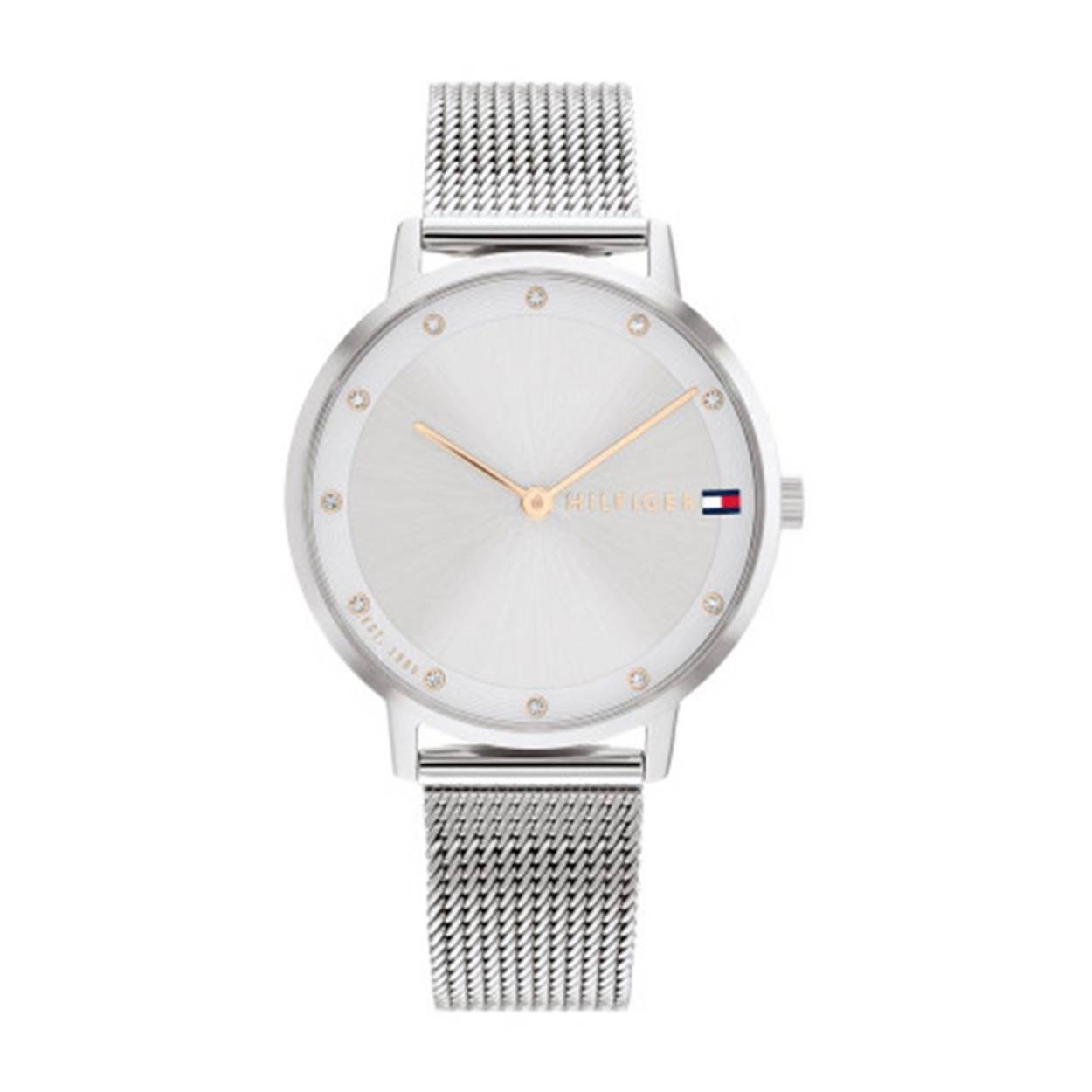 Tommy Hilfiger TH1782665 Horloge Dames Staal Zilverkleurig 34mm
Dit specifieke horloge van Tommy Hilfiger uit de Pippa serie met artikelnr: TH1782665 is een chic dameshorloge die zeker in je collectie past. Het stalen dameshorloge heeft een ronde zilverkleurige kast met een fijne bezel met op de zilvergrijze wijzerplaat als uursaanduiding kristallen en rosékleurige wijzers en accenten. De zilverkleurige milanese band is op lengte verstelbaar en heeft een klepsluiting. Het horloge heeft een mineraalglas, een doorsnee van 34mm en is 3ATM. 

Het merk:
Sinds de lancering van het merk in 1985 is Tommy Hilfiger wereldwijd bekend geworden als pionier van de klassieke Amerikaanse coole stijl. Geïnspireerd door de iconische popcultuur en het Amerikaanse erfgoed. De dames en herencollectie van dit seizoen bestaan uit minimalistische silhouetten en rustieke lederen details. De herenhorlogecollectie biedt iconische uurwerken met roestvrijstalen, lederen en siliconen banden.

Specificaties:
- Mineraalglas
- Ronde kast 34mm
- Zilverkleurige horlogekast
- Zilvergrijze wijzerplaat
- Zilverkleurige milanese band 
- 3ATM