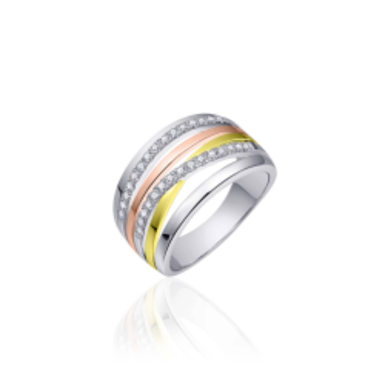 Zilver rosé- en geelgoud vergulde ring met zirkonia.