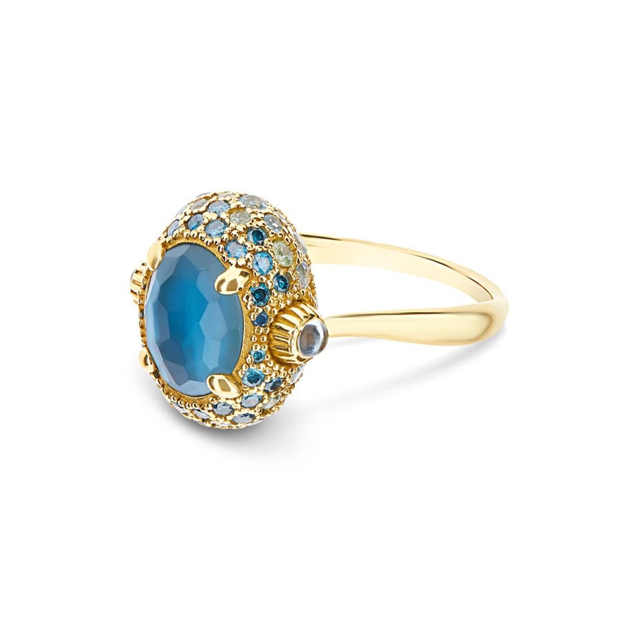Met omgekeerde ringen combineert luxe de dynamiek van creativiteit, vindingrijkheid en verrassing: met een simpele draai laat deze 18-karaats gouden ring u zijn kostbare dubbelganger zien! De achterkant wisselt een doublet af met parelmoer en Londens blauwe topaas en een pavézetting van blauwe diamanten, groene saffieren en Zwitserse blauwe topaas. Een weelderig lichtspel dat u elke keer dat u hem draagt ​​zal verrassen.