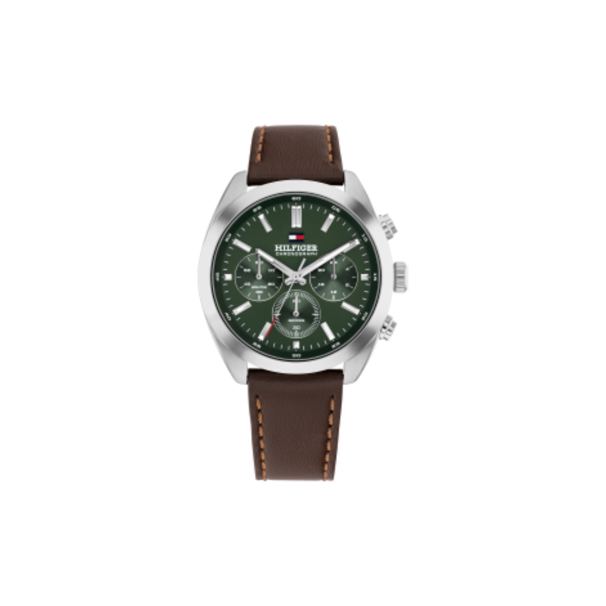 Herenuurwerk tommy hilgigger in staal met bruine leder band. Het is een chrono met dag en datum aanwijzing. De wijzerplaat is groen met indexen.



