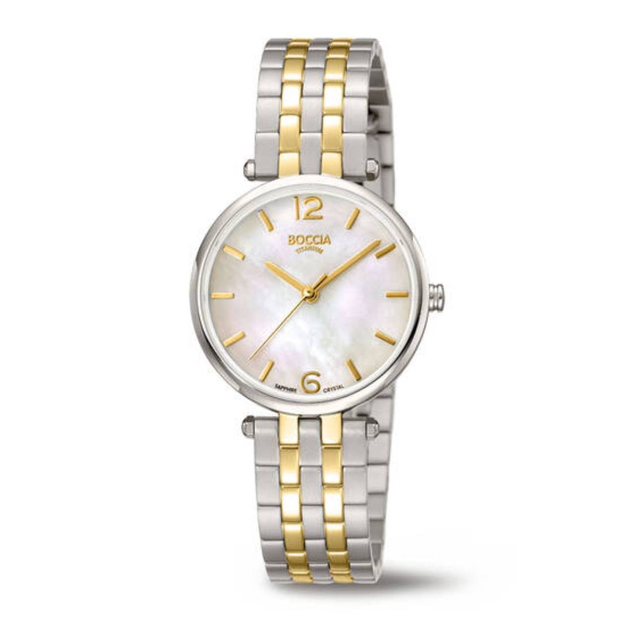 titanium Boccia dameshorloge in bicolor uitvoering. Het horloge heeft een saffierglas en een parelmoer wijzerplaat. 3339-04