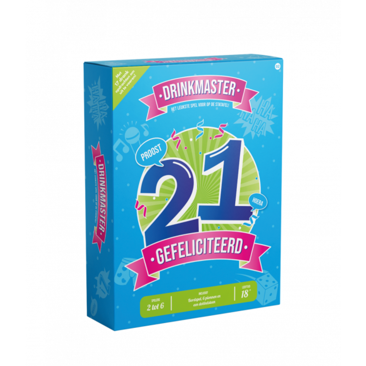Dit Drinkmaster spel is het ideale spel op het feestje van iemand die zijn of haar 18e verjaardag viert. Leg het Drinkmaster 18 spel op een statafel (of ronde tafel) en je weet zeker dat het een gezellig feestje gaat worden. De dobbelstenen en pionnen zijn inbegrepen en op het speelbord zijn de spelregels en de grappige opdrachten te vinden. Het spel heeft een diameter van 82,5 centimeter. 
