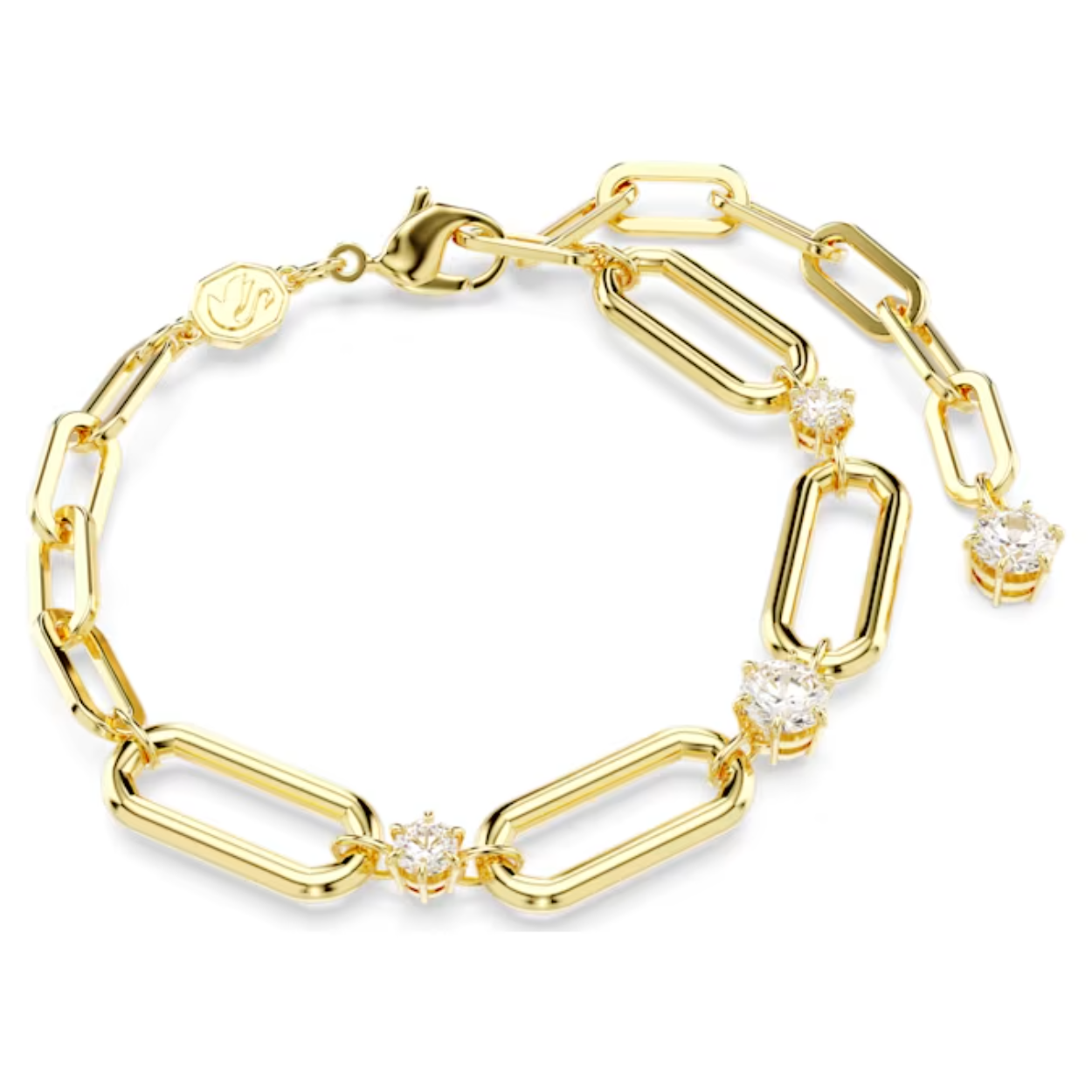 Deze armband met goudkleurige toplaag is ontworpen om de sterrenuitstraling van de Constella-lijn te benadrukken. Dit adembenemende horloge wordt gedragen aan een industriële ketting met karabijnsluiting. Tussen de centrale schakels prijkt ronde Swarovski Zirkonia in klauwzetting. Draag het om uw look van elke dag een oogverblindende metallic accent te geven.