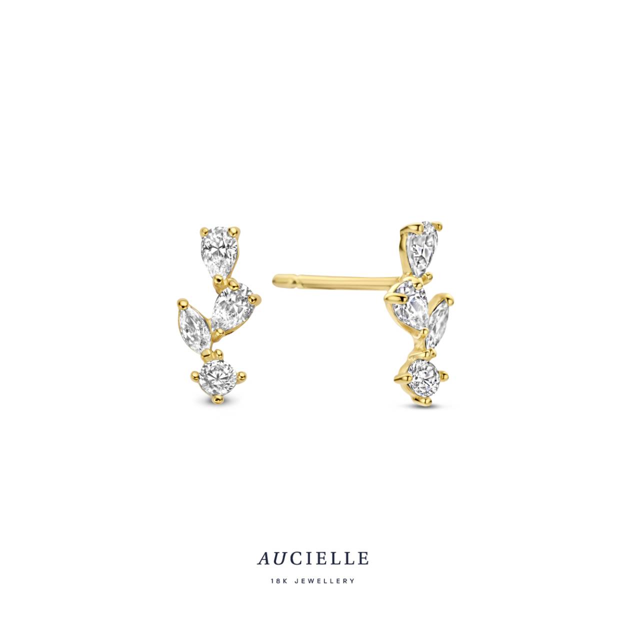 18 kt gouden oorstekers met zirkonia's van het merk Aucielle
Bijhorende ring en hanger ook verkrijgbaar