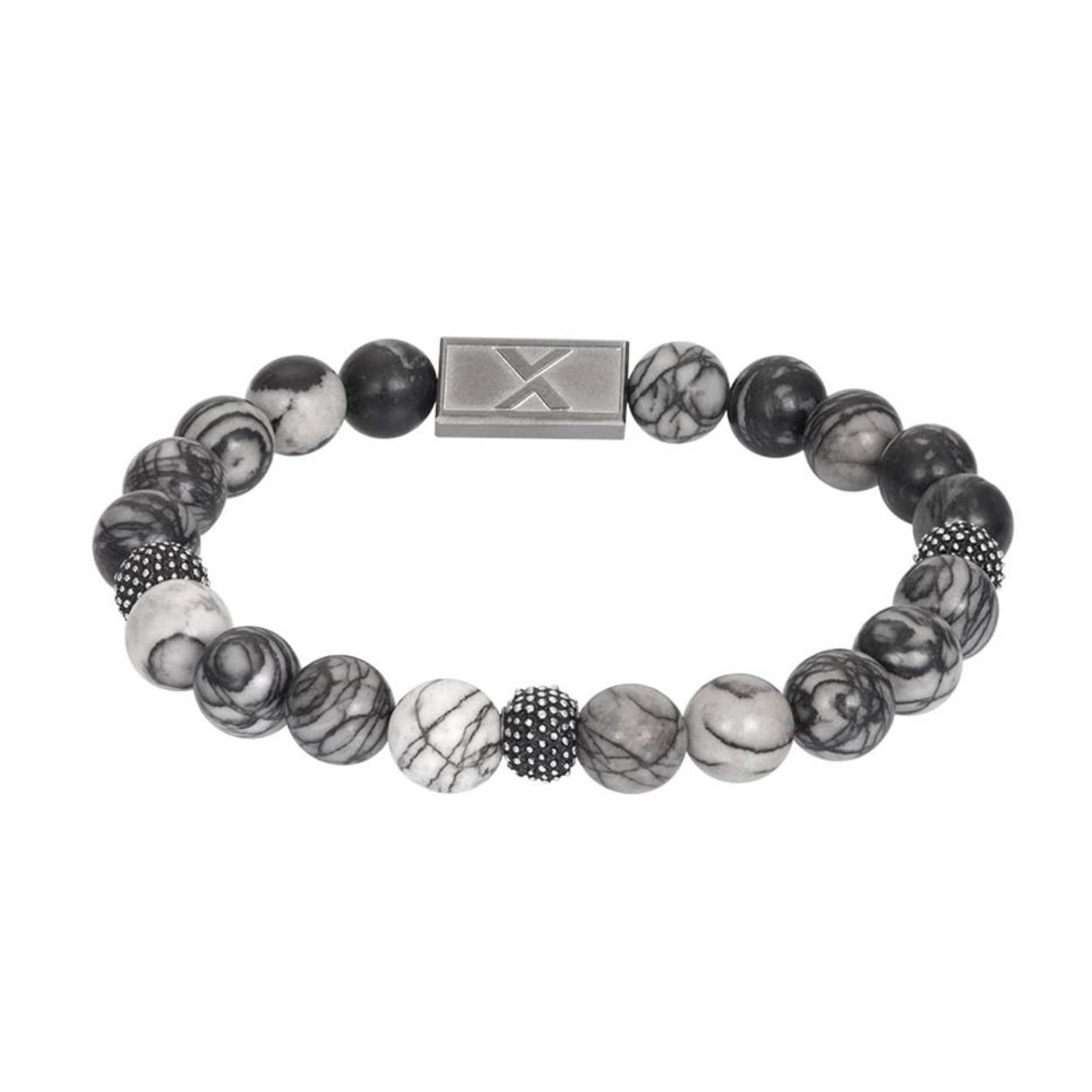 De iXXXi MEN armband Callum bestaat uit een combinatie van stainless steel in de kleur gun color en zwart/grijs/wit kleurige kralen. De bracelet is een kralen armband die bestaat uit allemaal unieke zwart/grijs/wit kleurige kralen, met ieder een eigen kleurdesign en een aantal stalen details. In het midden van de armband bevindt zich een rechthoekig detail met een 'X' erop gegraveerd. De iXXXi heren armband Callum is door middel van elastiek draagbaar in maat 20 t/m 23. Mix en match met verschillende armbanden uit de iXXXi MEN collectie en maak zo jouw look compleet!