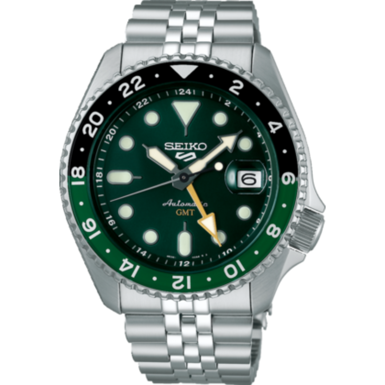 SEIKO SPORTS 5 AUTOMAAT met edelstalen band en groene wijzerplaat:
Het 4R34 Seiko kaliber met datumweergave en een 24-uurswijzer is een mechanisch kaliber. Het horloge laadt zich tijdens het dragen automatisch op door het omzetten van de arm- en polsbewegingen van de drager in energie. Beweging van het horloge zorgt ervoor dat de hoofdveer van het horloge wordt opgewonden. Deze veer is de energiebron. Handopwinding van het uurwerk is ook mogelijk. Wanneer het horloge volledig is opgeladen heeft het horloge een gangreserve van ongeveer 41 uur. Het tikgetal van deze automaat is 21.600 per uur en het horloge heeft 24 jewels.
