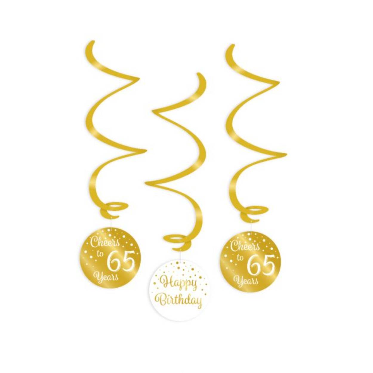 Een luxe feestje kan niet zonder deze gold/white swirl decorations en deze met opdruk 65 maakt het feestje echt af! Deze unieke goud witte swirls zijn gemaakt van plastic en papier en zijn ongeveer 17 centimeter lang. 