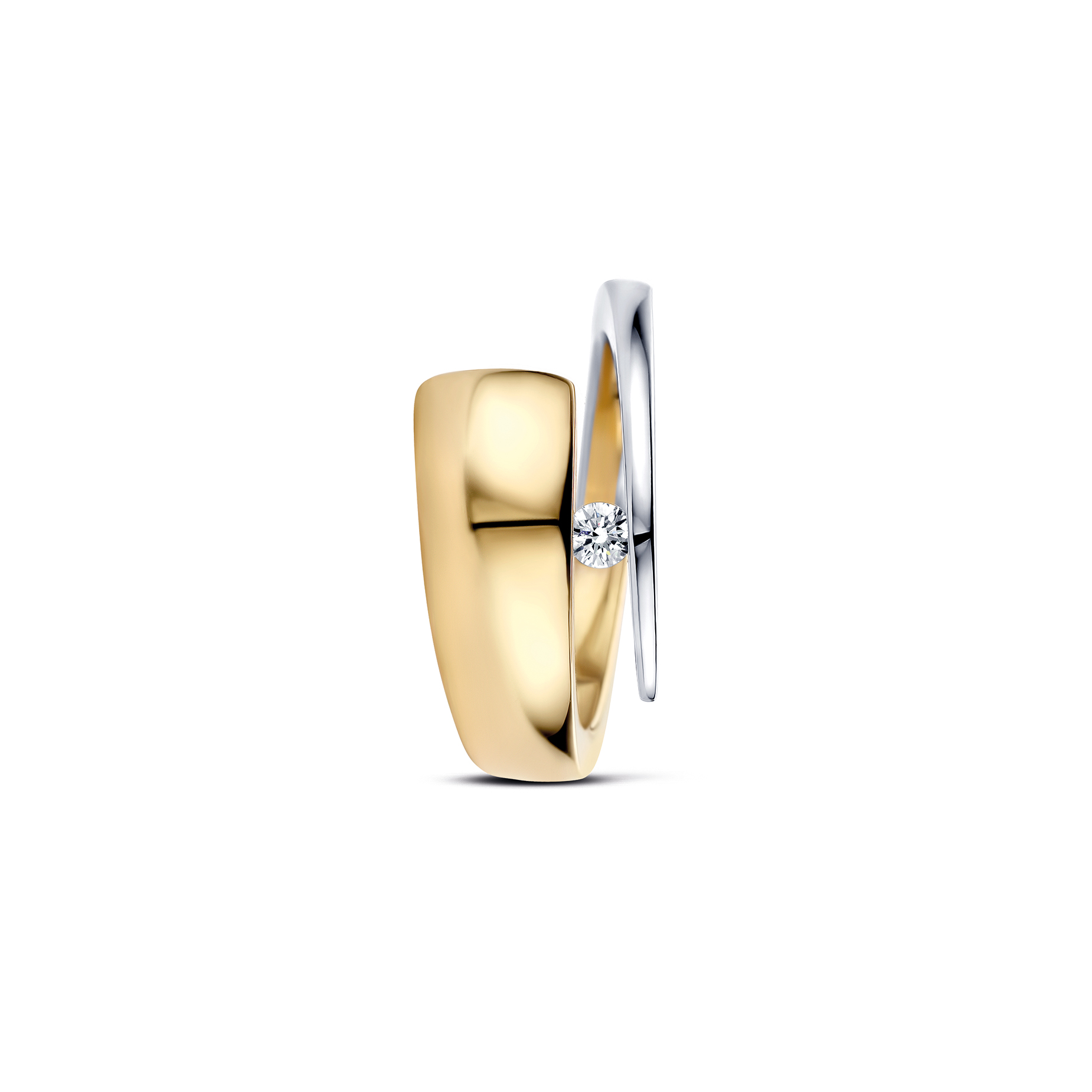 R&C Bi-color geel/wit gouden fantasie ring met 0.09crt SI/R diamant, briljant geslepen.