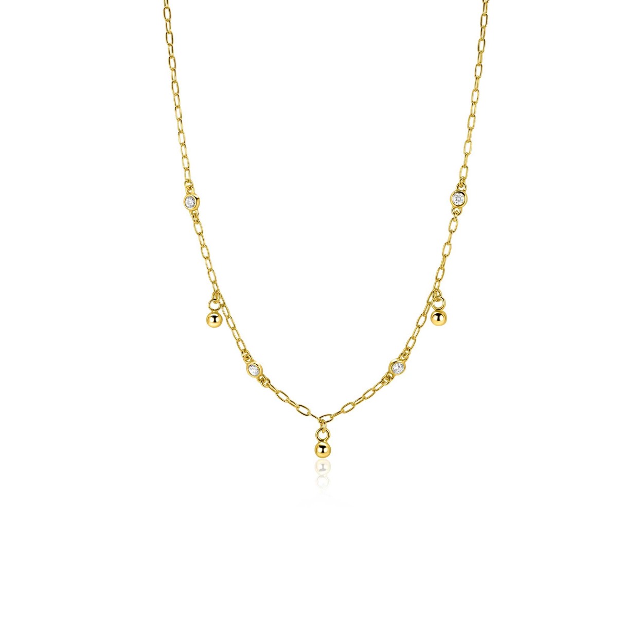ZINZI gold plated zilveren schakelketting met vier witte zirkonia's en 3 ronde bolletjes, gelijkmatig verdeeld over de ketting 42-45cm ZIC2658.