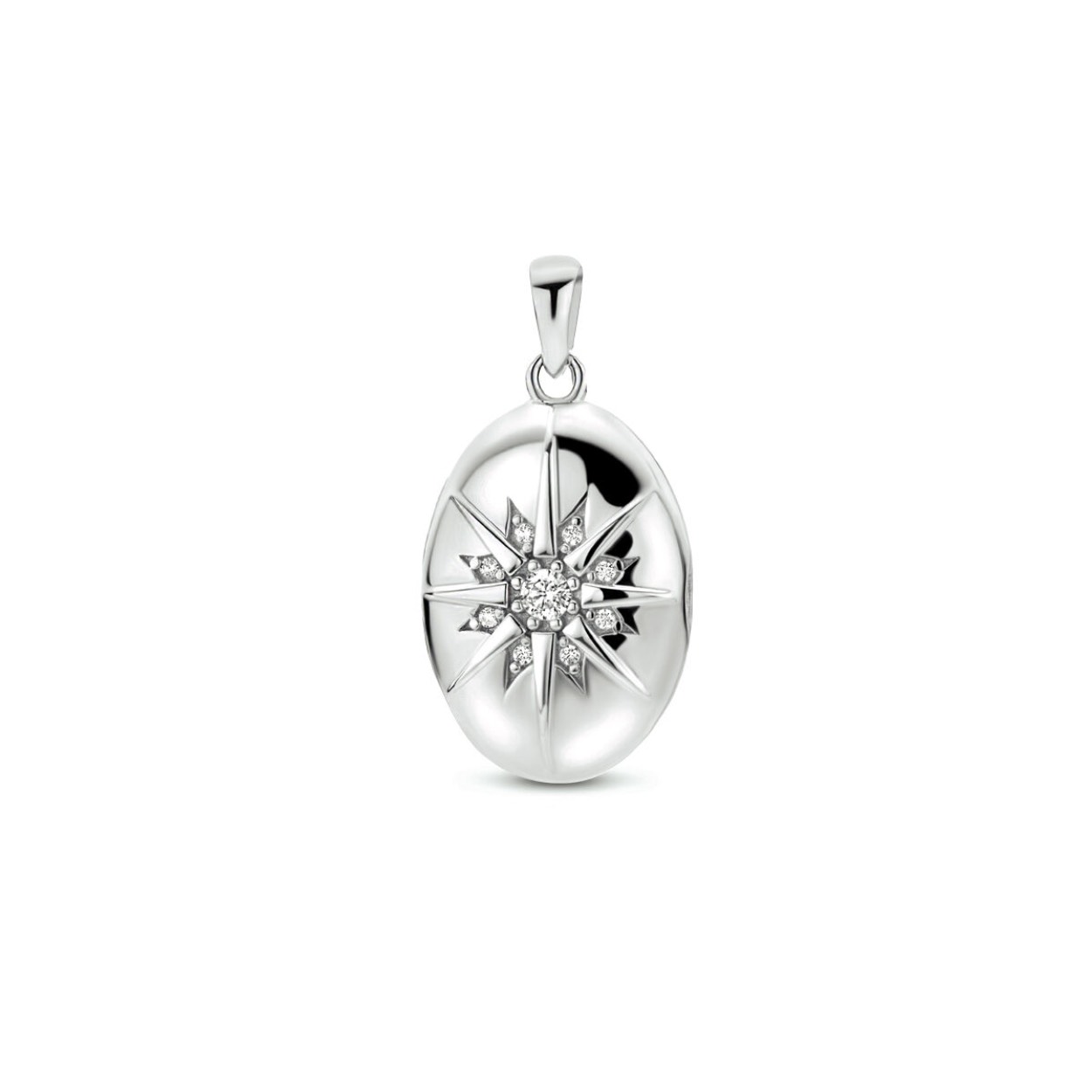 Gerhodineerd 925 zilveren medaillon uitgevoerd met helder zirkonia. De medaillon heeft een totale hoogte van 2.6cm en een breedte van 13.5mm met zirkonia’s