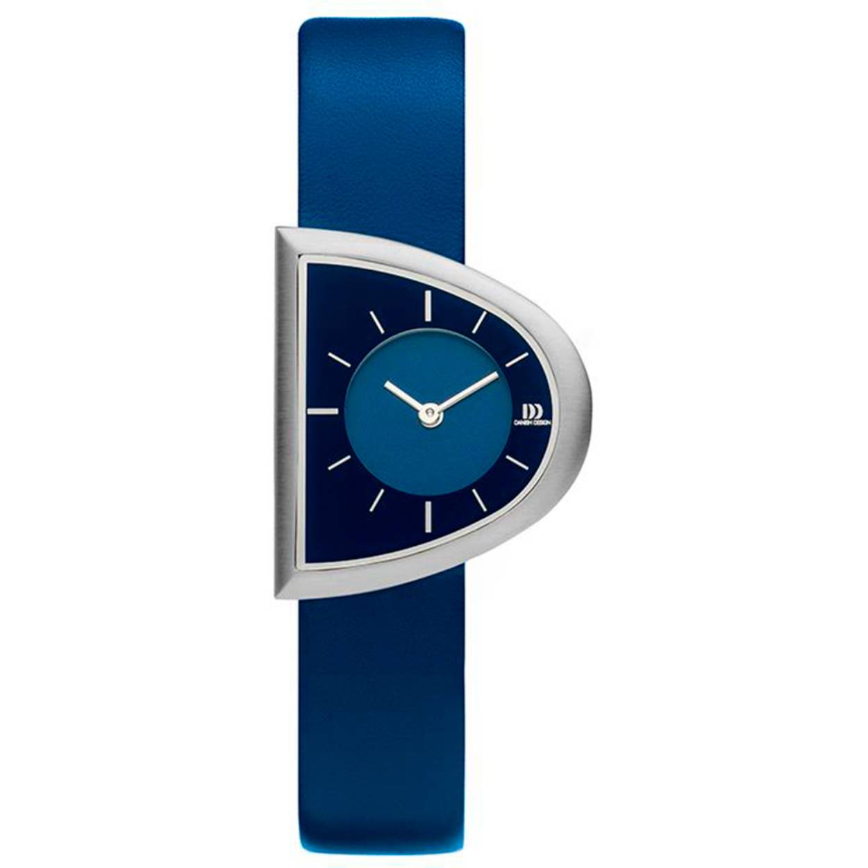 Dameshorloge uit de collectie van Danish Design uitgevoerd in edelstaal met een blauwe lederen band.