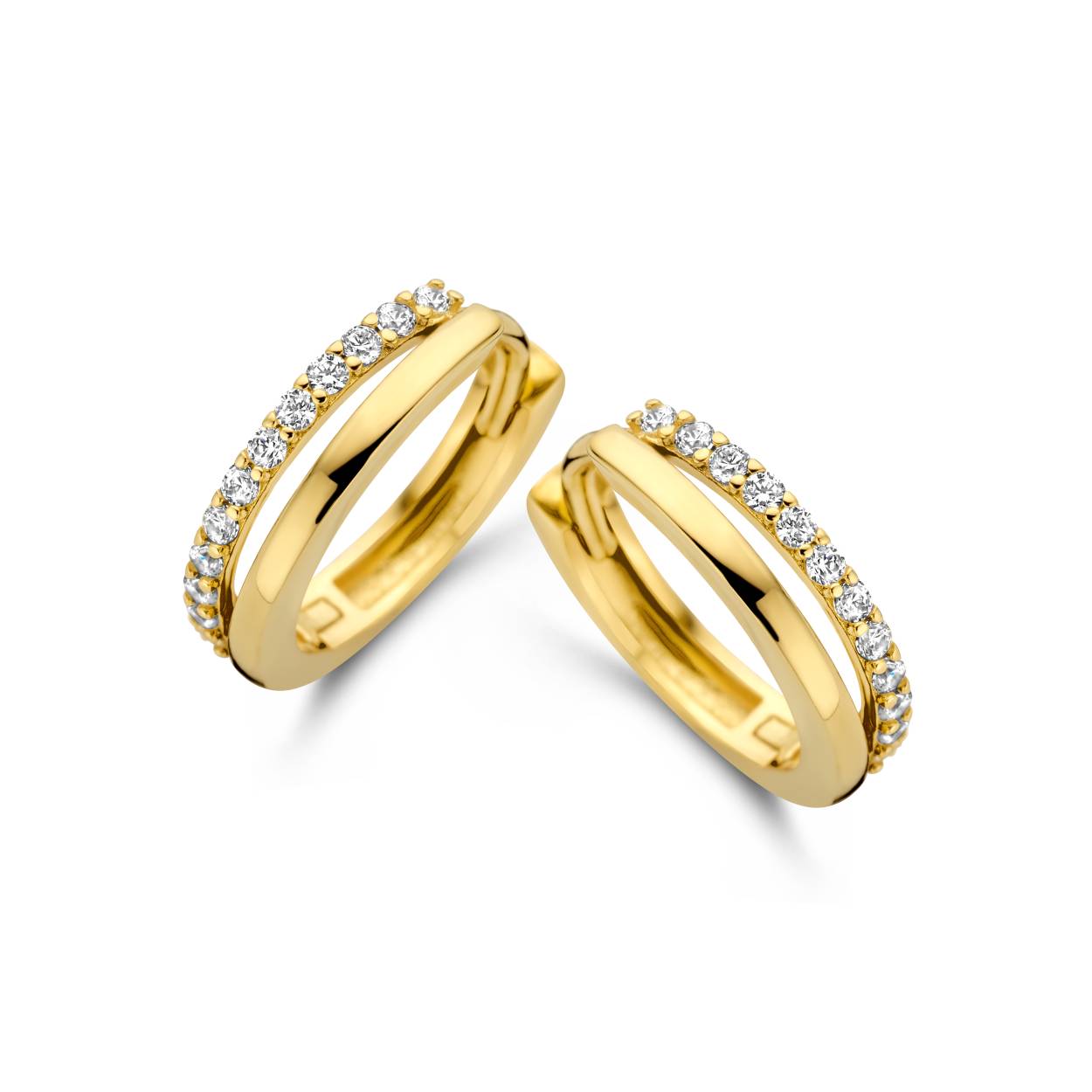 gouden JJ oorringen, 1/2 glad, 1/2 zirconias