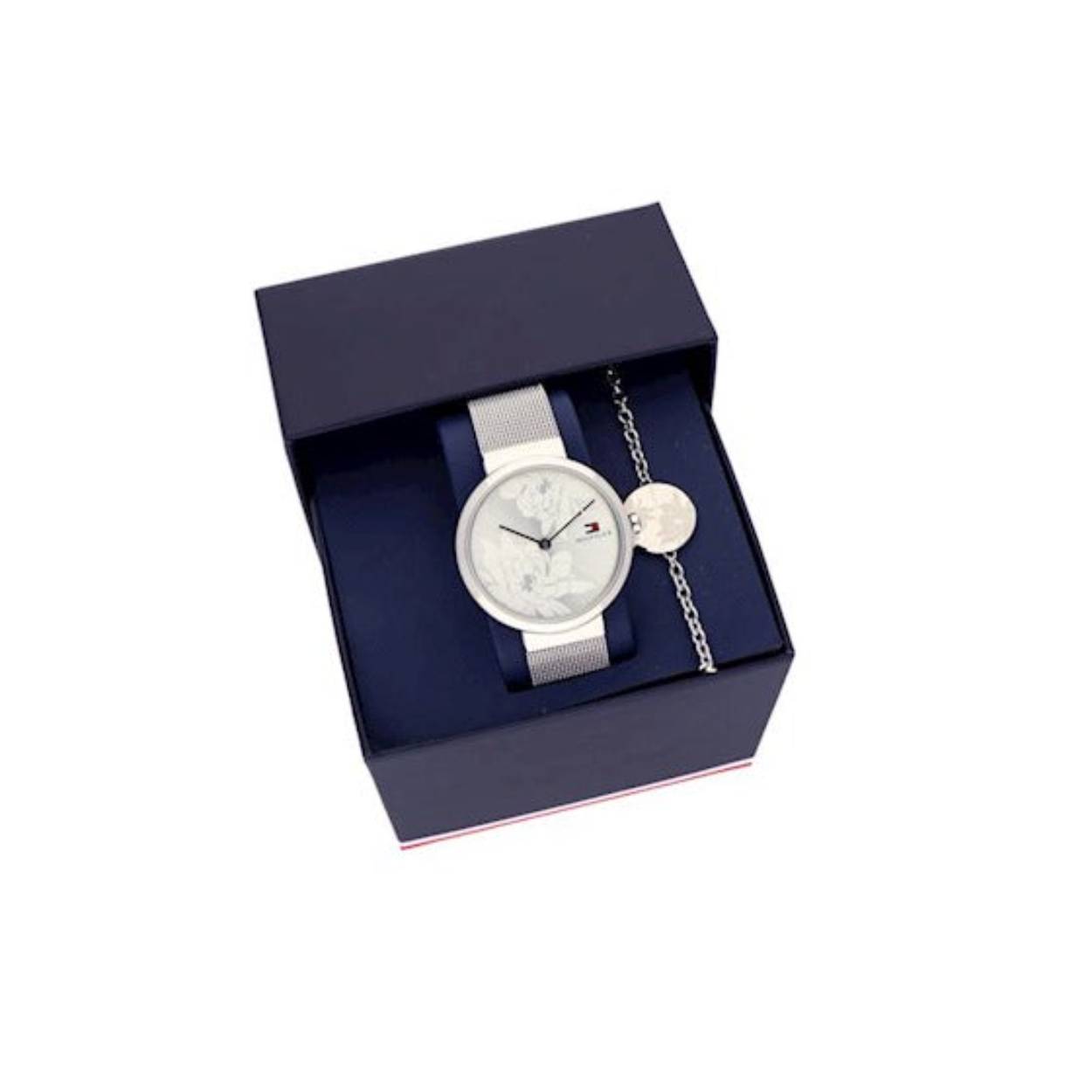 Dit Tommy Hilfiger horloge heeft een roestvrijstalen kast met een diameter van 32mm en is voorzien van een metalen band. In de kast bevindt zich een kwaliteitsuurwerk en is afgewerkt met mineraalglas.

Het horloge is 3ATM. Dit betekent dat het horloge spatwaterdicht is. Verder wordt het horloge geleverd met 2 jaar wereldwijde garantie.
En met gratis stainless steel Tommy Hilfiger armbandje zilverkleurig