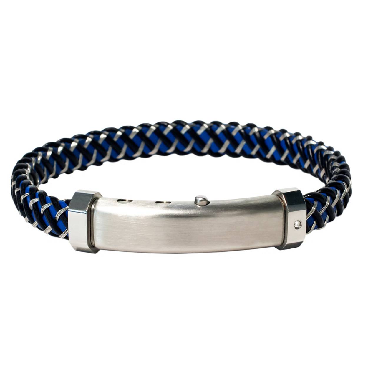 Borsari Gioielli armband edelstaal +18 krt / leer + diamant 
lengte 19 cm + 2 standen tot 21 cm
