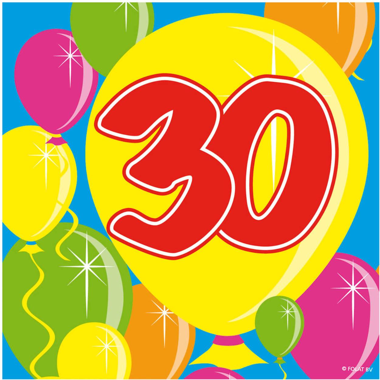 Servetten 30 Jaar Balloons 25x25cm - 20 stuks. Inhoud: 20 servetten. Kleur: Meerkleurig. Bijvoorbeeld te gebruiken tijdens de volgende feestgelegenheid/feestgelegenheden: Verjaardag, Jubileum. Een servet is 25 x 25 cm groot. Het artikel is gemaakt van papier.