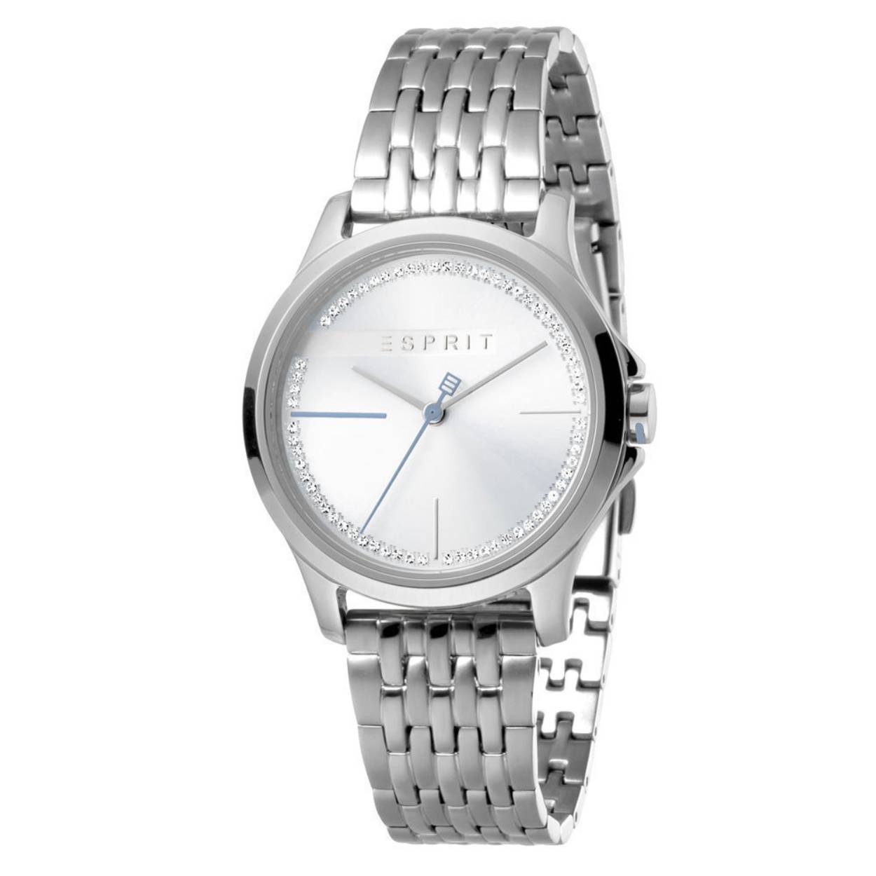Esprit ES1L028M0055 Joy Dit dameshorloge uit de Joy serie van Esprit heeft mineraalglas, een zilverkleurige wijzerplaat met steentjes en een zilverkleurige stalen horlogekast