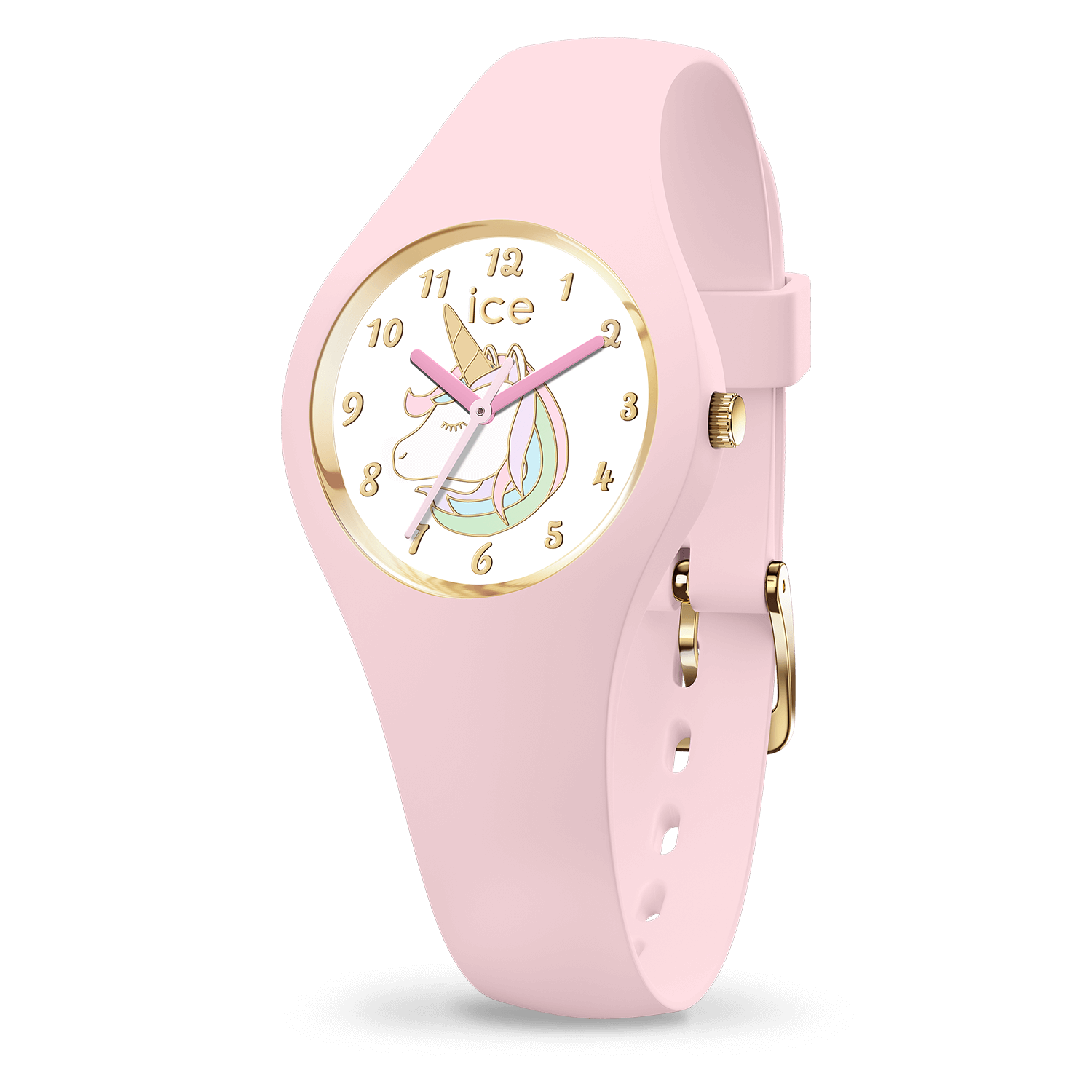 Ice Fantasia unicorn pink - Lichtroze siliconen band - Witte wijzerplaat met goudkleurige uuraanduiding een 'unicorn' afbeelding - maat XS