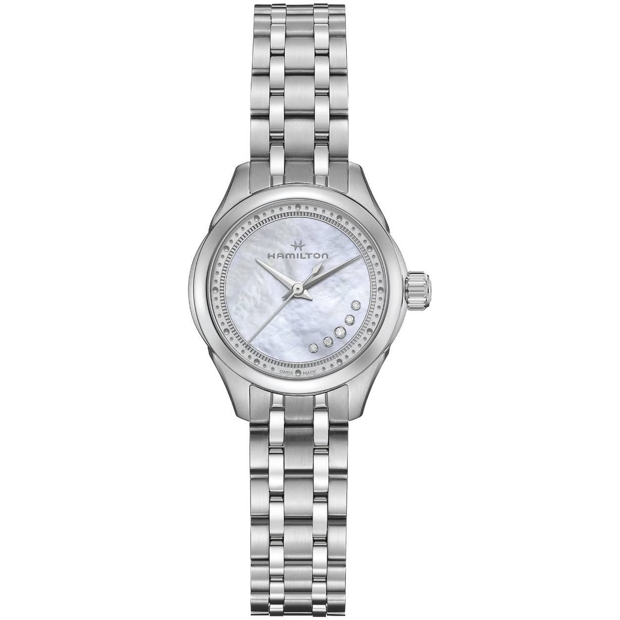 Quartz | 26mm | H32111190

Strakke lijnen, rijke kleuren en een sprankje sprankeling komen samen in de Jazzmaster Lady Quartz. Met  een parelmoerenwijzerplaat, gepaard met een elegante armband of een zachte lederen band en inspireert dag en nacht tot een vanzelfsprekend raffinement. Op de wijzerplaat zitten 5 diamanten.