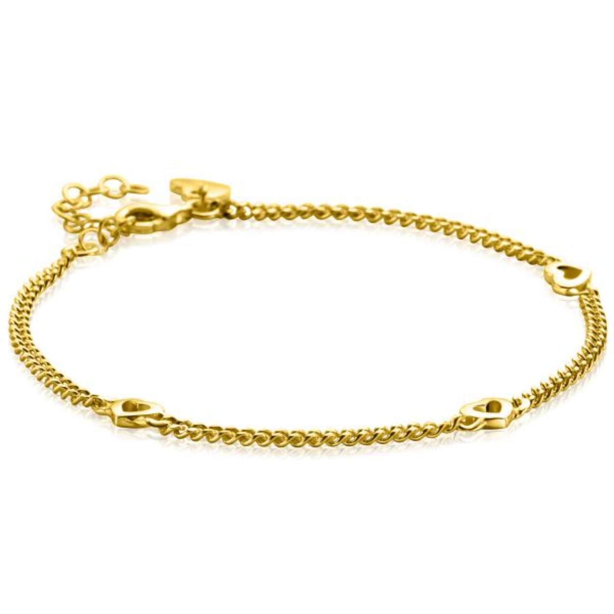 ZINZI gold plated zilveren armband met gourmet schakels gecombineerd met drie open hartjes. Met herkenbaar Zinzi hartje bij de sluiting. De lengte is te vari&euml;ren tussen 17 en 20cm. Vervaardigd van eerste gehalte zilver (925) en extra geelverguld.