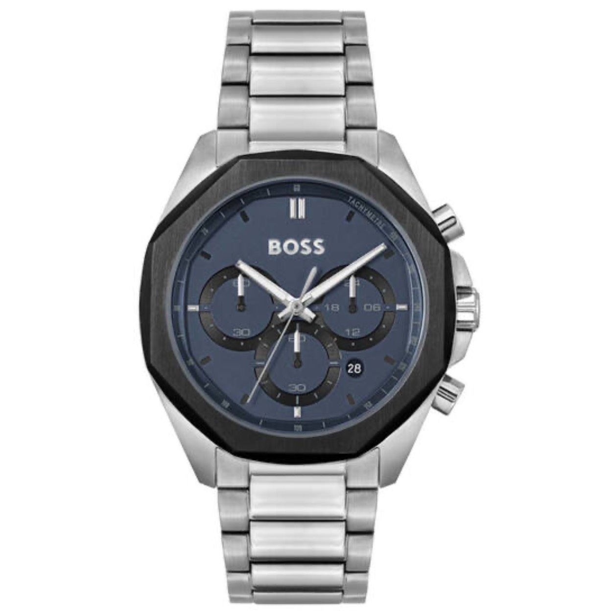 Dit Boss by Hugo Boss horloge, uit de Cloud collectie, heeft een stalen band en kast met een mat/glans afwerking. De wijzerplaat is donker blauw  met zwarte indexen en witte wijzers.  