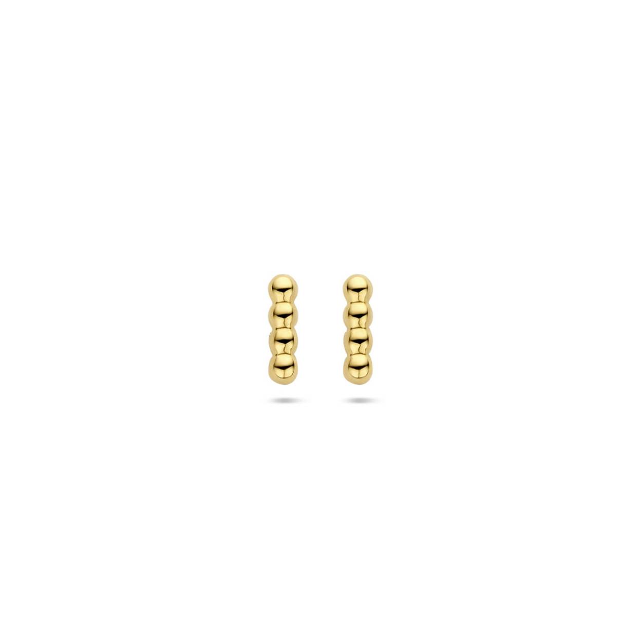 14k Geelgouden oorknoppen in de vorm van een balkje uitgevoerd met bolletjes. De oorknoppen hebben een afmeting van 5x1.4mm.