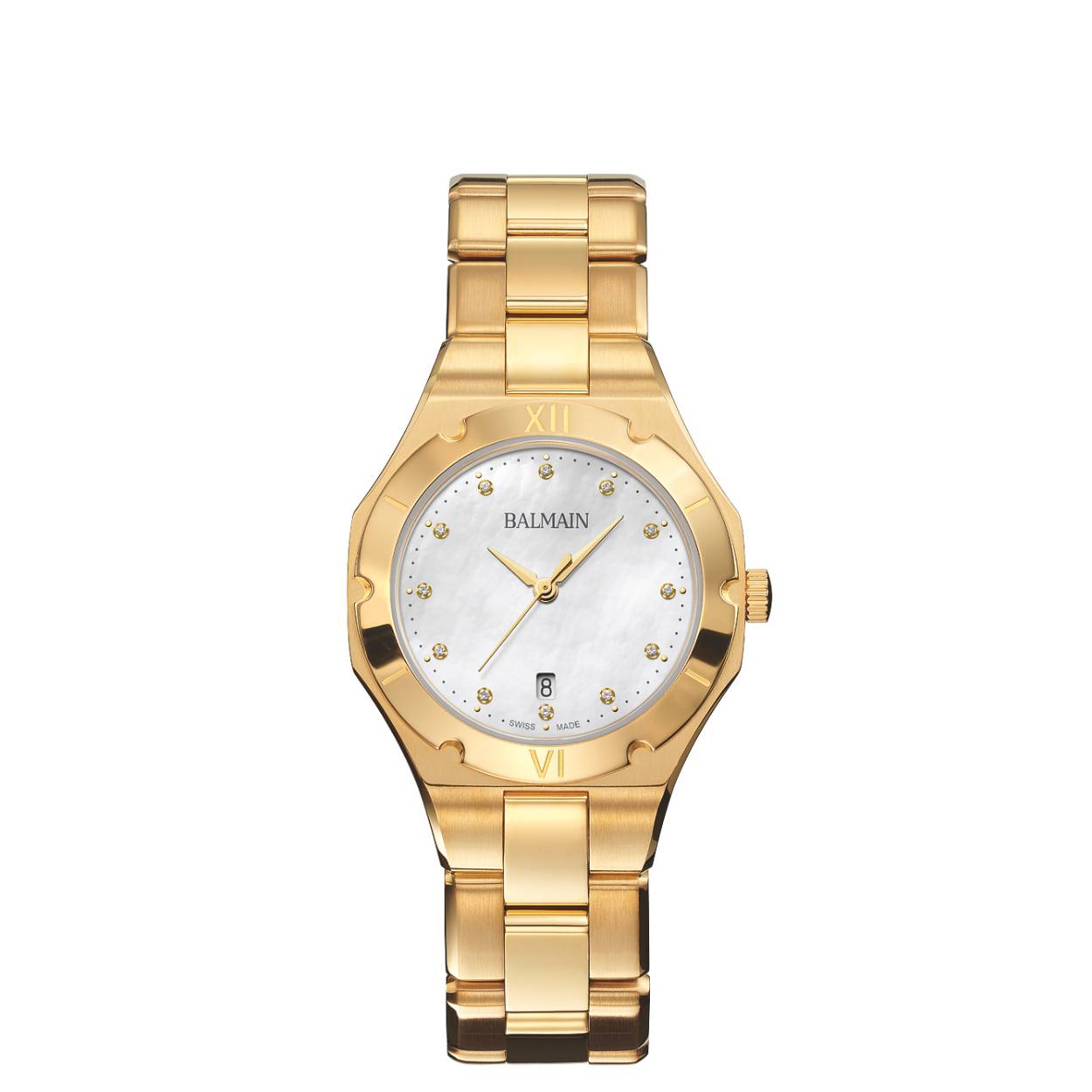 Elegante dames horloge met parelmoer wijzerplaat en 12 diamanten totaal gewicht 0.043ct