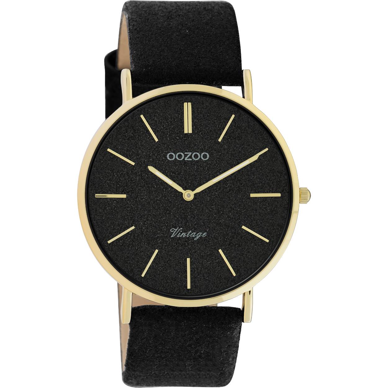 The classic look stays key in this trendy series and therefore, this vintage round design with a playful wink is the season must-have! This ladies watch is the perfect combination of fashion and comfort with its 40 mm Gold metal watch case and black glitter dial. The glitter black leather strap makes this watch a trendy accessory, which you can wear every day. The dial has gold stripes digits and matching hands. This watch adds the sparkle to your outfit. The mineral glass lays in a 6,9 mm slim metal watch case with IP-plating. This design has a stainless steel backplate and is nickel safe. This watch has a 2ATM Japanese movement and is covered by a 2 year warranty (see section 3 of our Refund, shipping & warranty policy).


