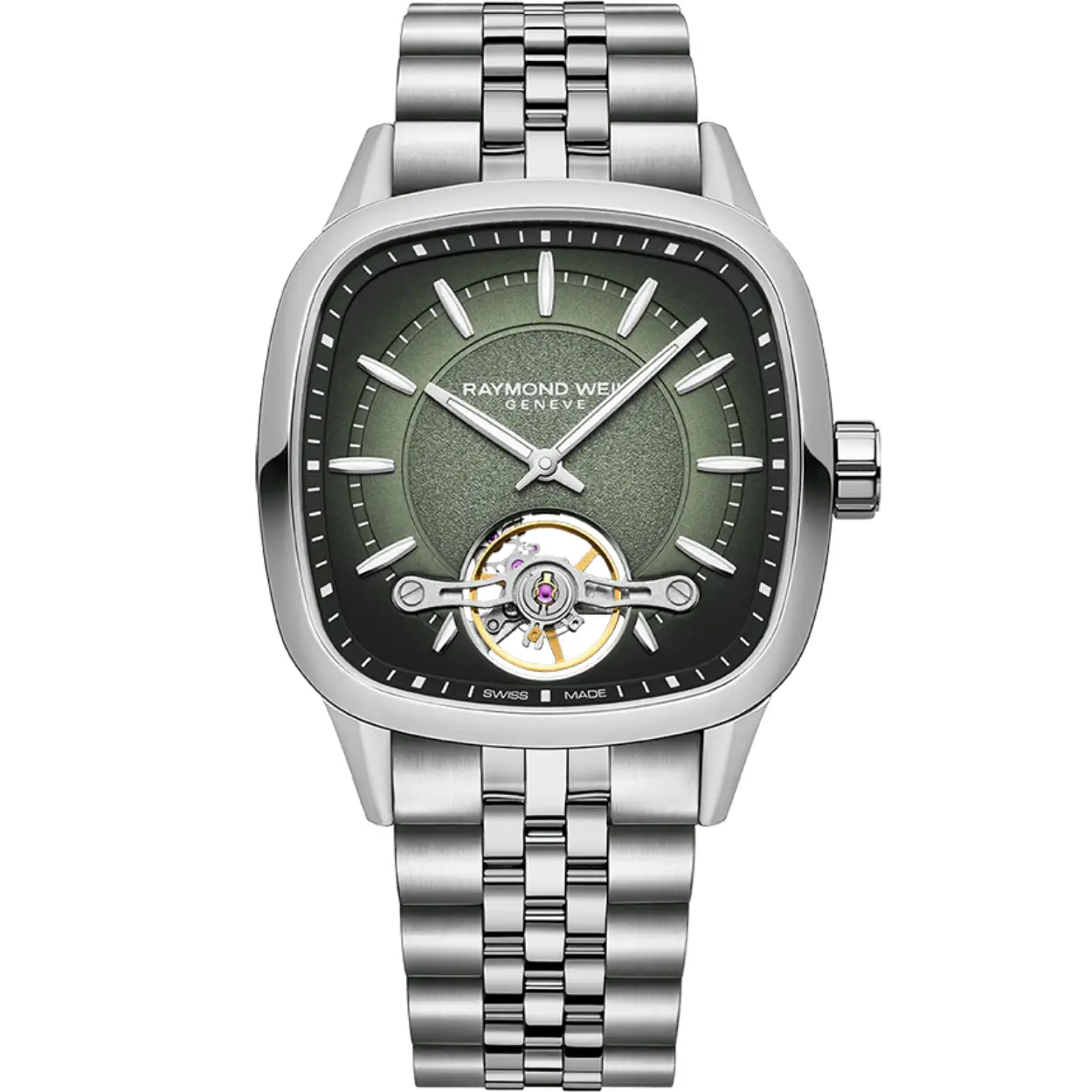 Dit herenhorloge is van het merk Raymond Weil.
De diameter van de kast is 40 mm.
De verdere specificaties van het horloge zijn als volgt:
Collectie: Freelancer
Glassoort: Saffierglas met dubbelzijdige antireflectie coating
Kastmateriaal: edelstaal 
Waterdichtheid: 10 ATM
Techniek: Mechanisch, met zichtbaar balanswiel
Aandrijving: Zelfopwindend door Beweging van de Pols
Gangreserve: 38 uur
Kastvorm: Vierkant 
Wijzerplaat: Groen
Index: Streep
Band: Schakelband 
Sluiting: vlindersluiting met dubbel push-security systeem
