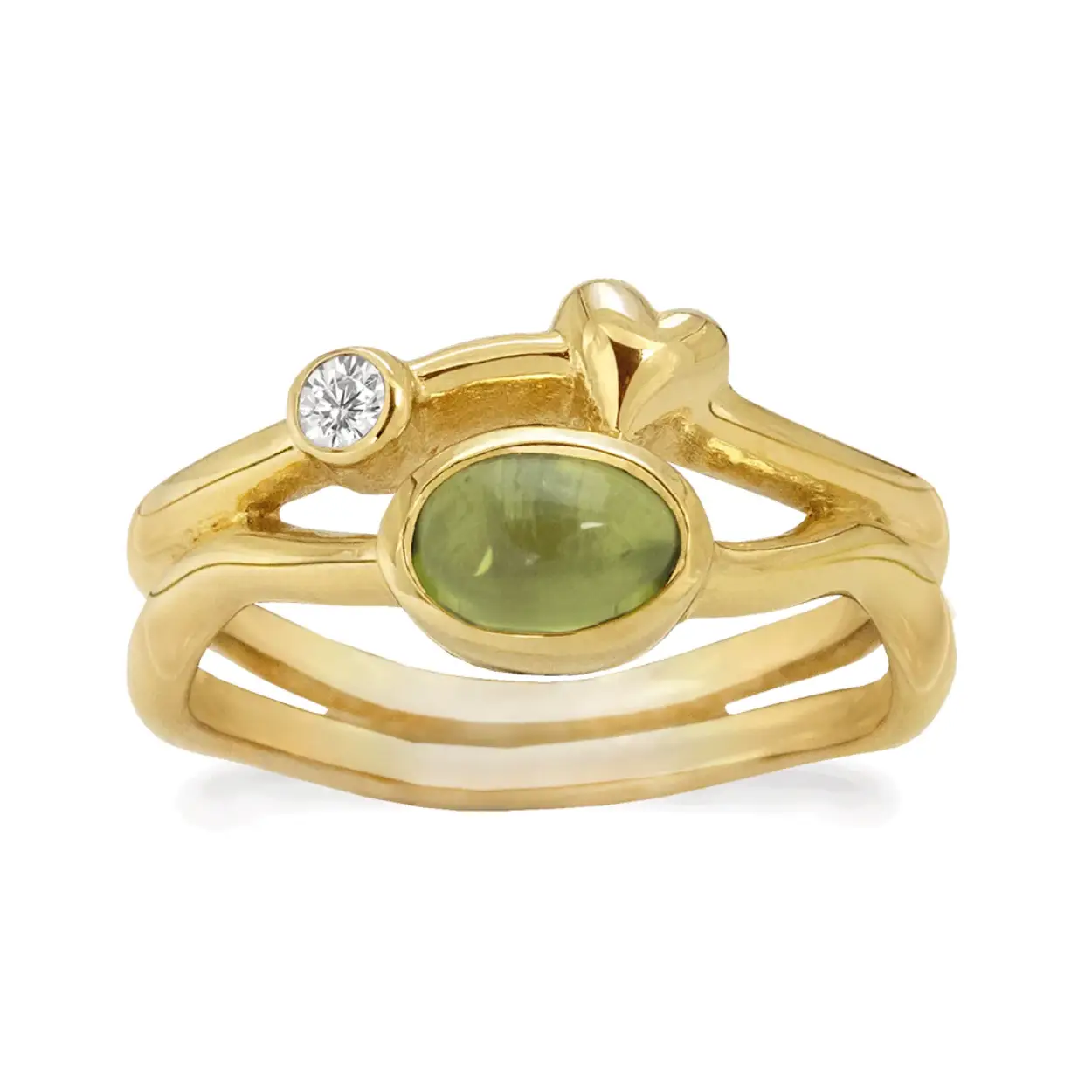 Rabinovich Ring - Rainforest Dew (GP). Deze geel goud vergulde ring is versierd met een mooie 7 x 5 mm peridoot, een 2,5 mm zirkonia en een geel goud verguld hartje.