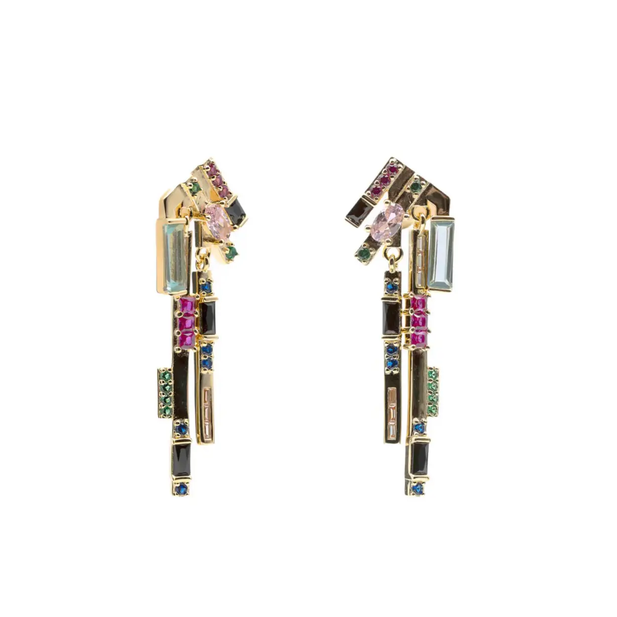 Original silver earrings multicolor chaos design for women. Original design perfect to give a touch of originality to your looks. Original gold plated silver earrings with chaos design of adamantine quartz in fuchsia, blue, pink, aventurine, sapphire, peach and black tones. Ideal to combine with the matching pendant. A fun design with which you will dazzle.